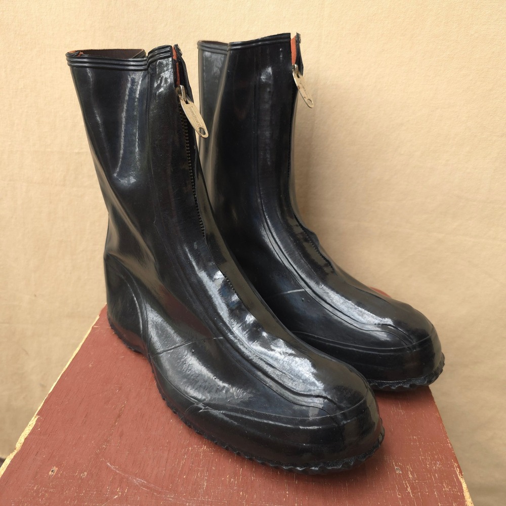 Vintage 70s Black Rubber Rain Boots 10 Lightning Zipper Made in Canada